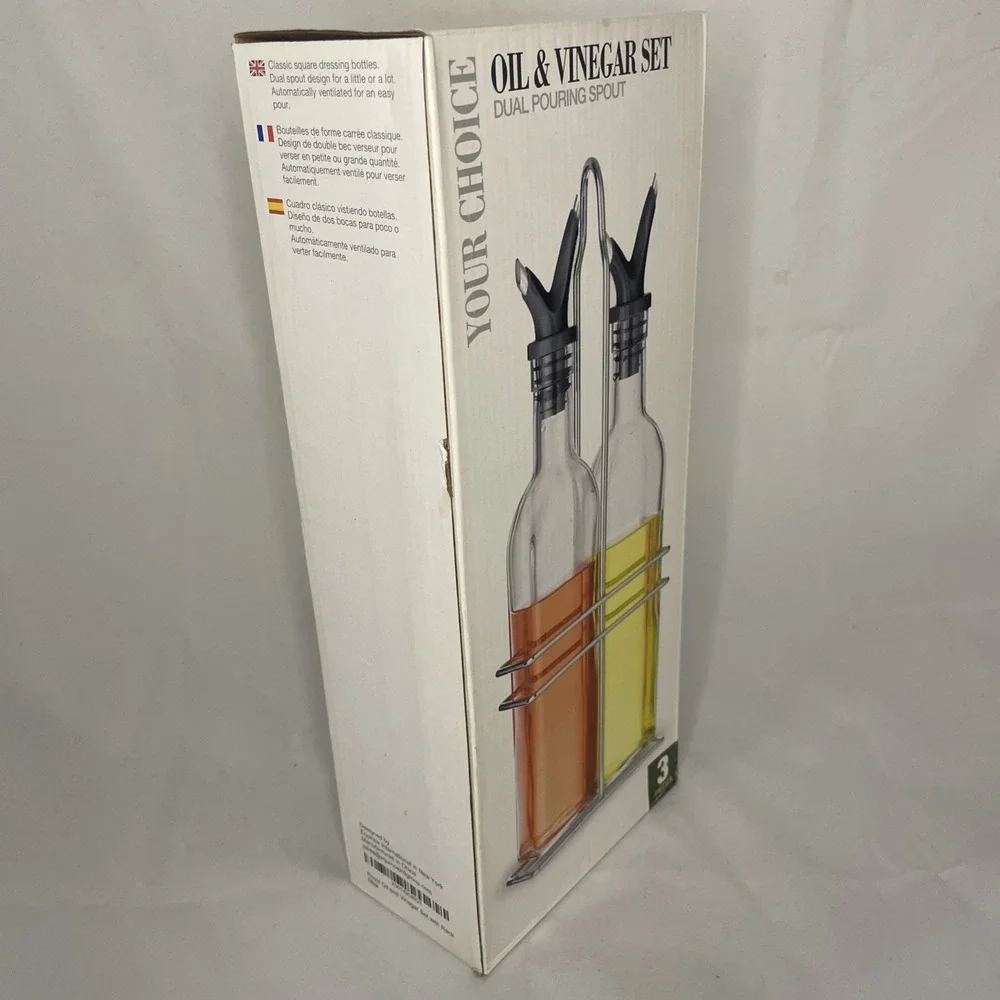 Oil and Vinegar Bottle Cruet Set with Wire Caddy & Dual Pouring Spouts - Picture 2 of 3